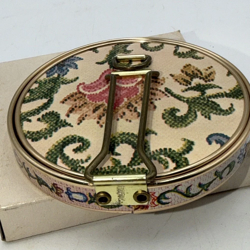 Vtg 60s Japan Round Folding Double-Mirror Compact W/Stand CrossStitch Floral Box